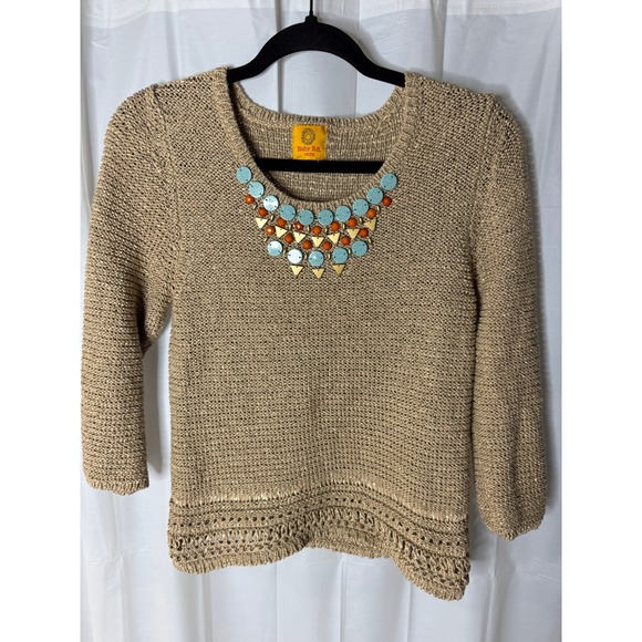 Ruby Rd Petite Embellished Knit Sweater Top Women's Tan Bronze Aqua - Picture 1 of 8